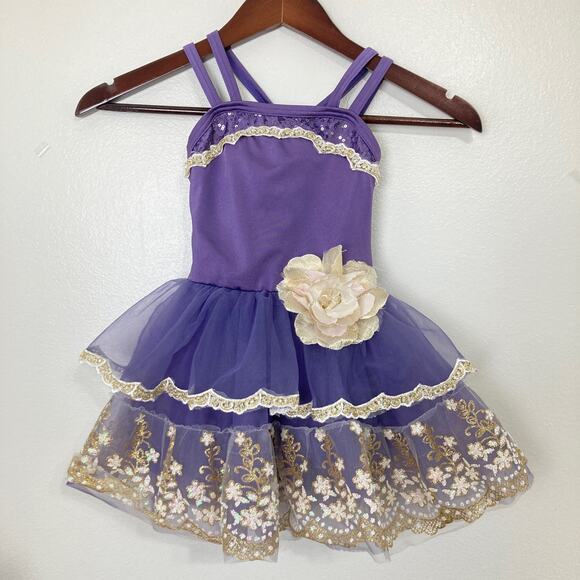 Weissman Purple Cream Lace Costume Dress Small Girls Figure Skating Dance Lace - Picture 1 of 16